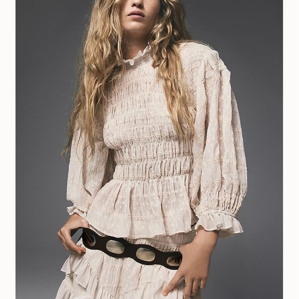 Free People Cream Smocked Blouse